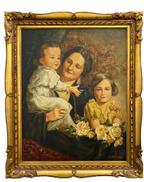 Moeder met kinderen –Olieverf op doek, gesigneerd, Antiek en Kunst, Kunst | Schilderijen | Klassiek, Ophalen