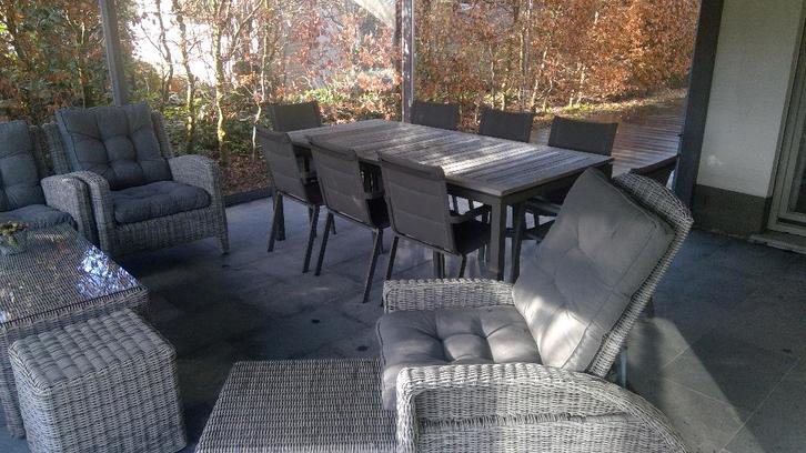 terrasmeubilair, Tuin en Terras, Tuinsets en Loungesets, Gebruikt, Loungeset, Aluminium, 6 zitplaatsen, Bank, Bijzettafel, Eettafel