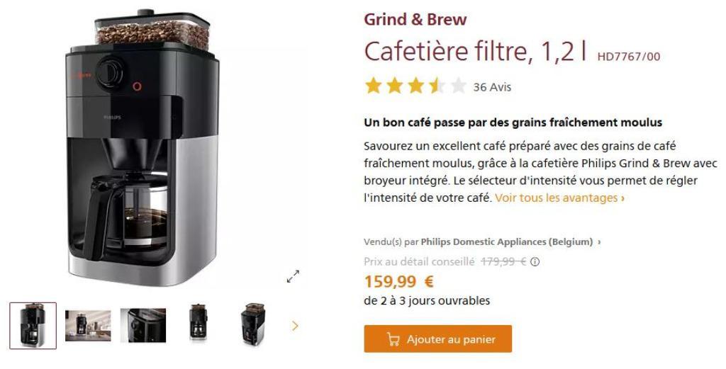 Cafetiere Filtre Broyeur a grain PHILIPS Grind & Brew HD7767/00 - Noire