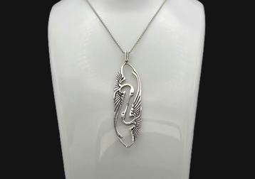 Zilveren Jugendstil ketting met kraanvogel hanger. 2025/707. beschikbaar voor biedingen