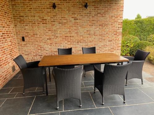 Massief eiken tafel, met zwart onderstel, Huis en Inrichting, Tafels | Eettafels, Gebruikt, 50 tot 100 cm, 200 cm of meer, Vijf personen of meer