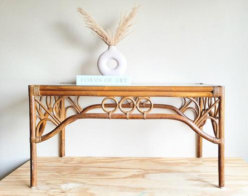 Prachtige grote vintage rotan salontafel met glazen blad!, Huis en Inrichting, Tafels | Salontafels, Zo goed als nieuw, Ophalen