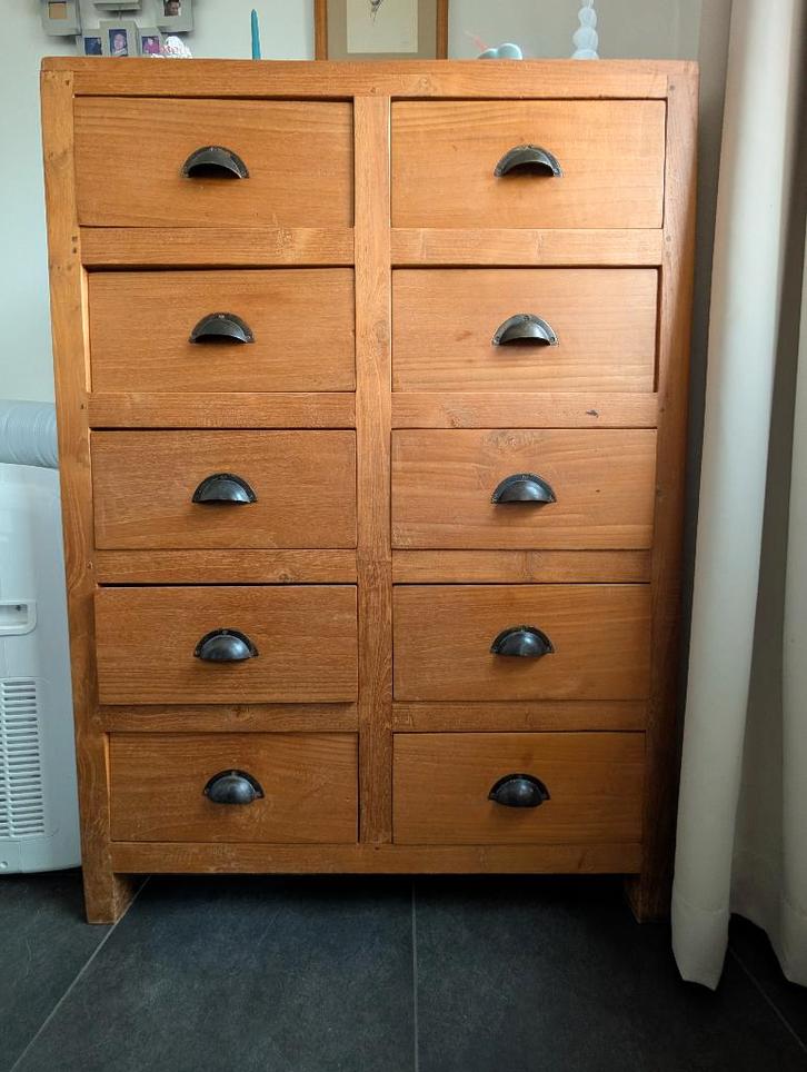 Commode élégante en teck - 10 tiroirs - intemporelle+solide, Maison & Meubles, Armoires | Commodes, Utilisé, 100 à 150 cm, 50 à 100 cm
