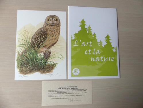 Dessin numéroté Buzin Hibou des marais + certificat 59/400, Timbres & Monnaies, Timbres | Europe | Belgique, Enlèvement ou Envoi