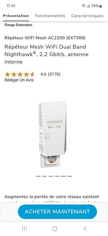REPETEUR WIFI           NETGEAR EX 7300 V2 BOOSTER WIFI MESH, Informatique & Logiciels, Amplificateurs wifi, Enlèvement, Comme neuf