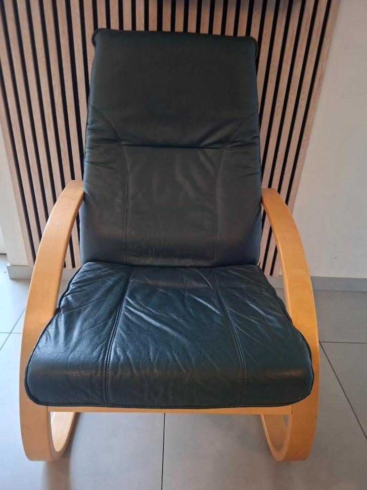 donkergroene leren fauteuil van Unico, Huis en Inrichting, Fauteuils, Gebruikt, Hout, Leer, 50 tot 75 cm, Minder dan 75 cm, Ophalen