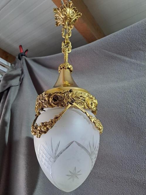 Hallantaarn van brons en matglas, Antiek en Kunst, Antiek | Verlichting, Ophalen of Verzenden