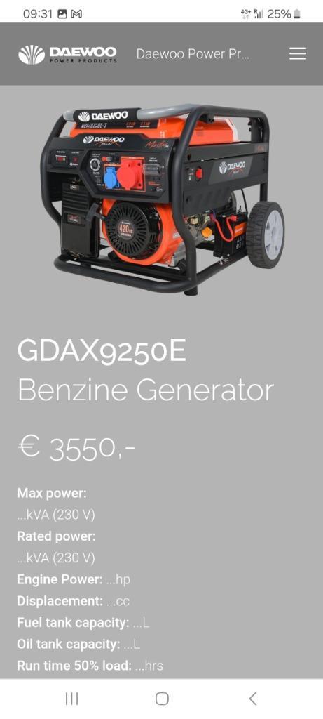 €890,- Nieuwe Daewoo GDAX 9250E-3 generator, Doe-het-zelf en Bouw, Aggregaten, Nieuw, Benzine, 5 tot 10 kVA, Elektrisch startend