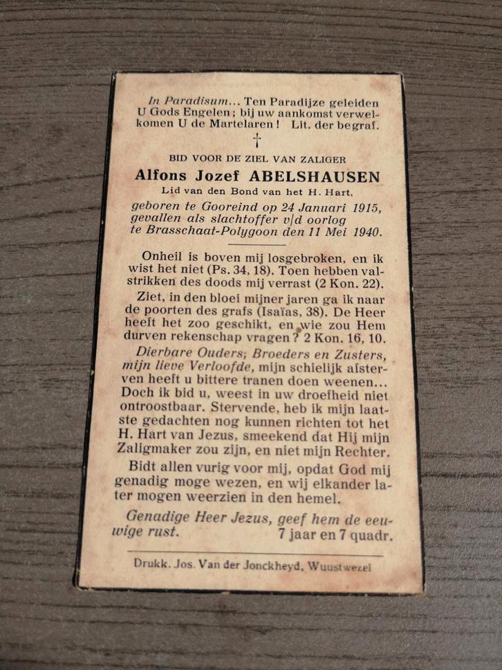 Oorlogsslachtoffer Abelshausen Gooreind Brasschaat 1940, Verzamelen, Bidprentjes en Rouwkaarten, Ophalen of Verzenden