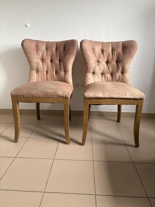 2 beige/roze Rivièra Maison stoelen 🥳GOED BOD= WEG, Huis en Inrichting, Stoelen, Gebruikt, Twee, Hout, Metaal, Stof, Overige kleuren