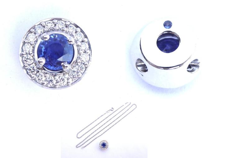 18K ketting met kettinghanger gevat met Saffier en diamanten, Handtassen en Accessoires, Kettinghangers, Zo goed als nieuw, Goud