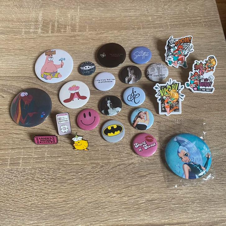 22 pinnen en buttons, Handtassen en Accessoires, Broches, Zo goed als nieuw, Zilver, Blauw, 4 tot 7 cm, Ophalen of Verzenden