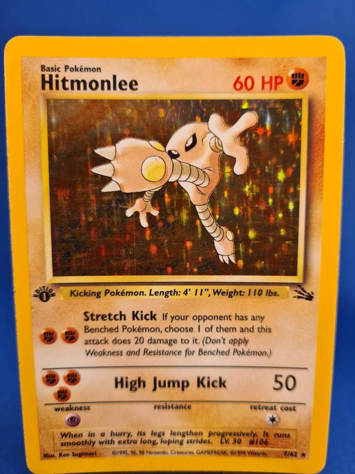 Hitmonlee 7/62 - Fossil (1st edition), Hobby en Vrije tijd, Verzamelkaartspellen | Pokémon, Gebruikt, Verzenden