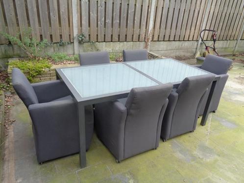 Loungeset metalen tafel met 6 stoffen stoelen, Tuin en Terras, Tuinsets en Loungesets, Gebruikt, Loungeset, Aluminium, 6 zitplaatsen