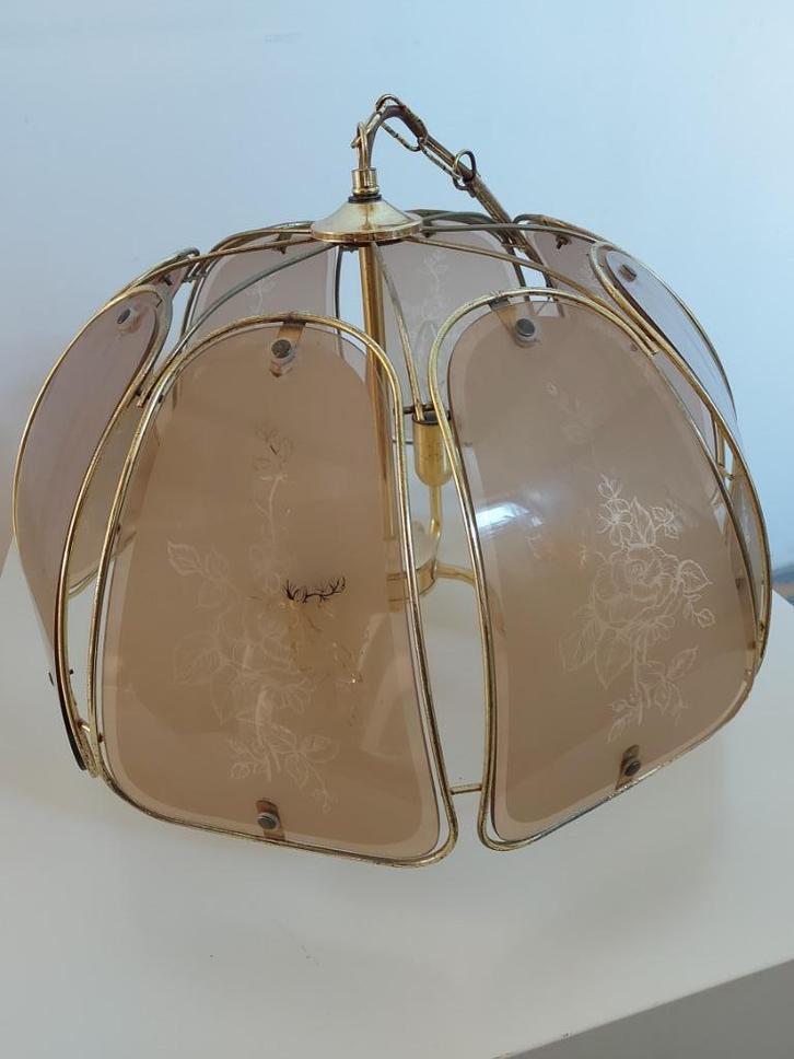 Kroonluchter van verguld metaal en gerookt glas, Huis en Inrichting, Lampen | Kroonluchters, Gebruikt, Glas, Metaal, Ophalen