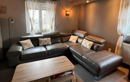 Woonkamer/Natuzzi hoekbank in bruin/grijs leer, Huis en Inrichting, Zetels | Complete zithoeken, Leer, Ophalen