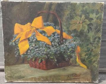 Huile sur toile panier de fleurs signe Paul poncelet, Enlèvement ou Envoi