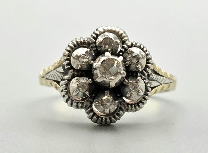 Gouden antieke design ring diamanten Ca: 0.25ct. 2025/649, Handtassen en Accessoires, Antieke sieraden, Ring, Goud, Verzenden