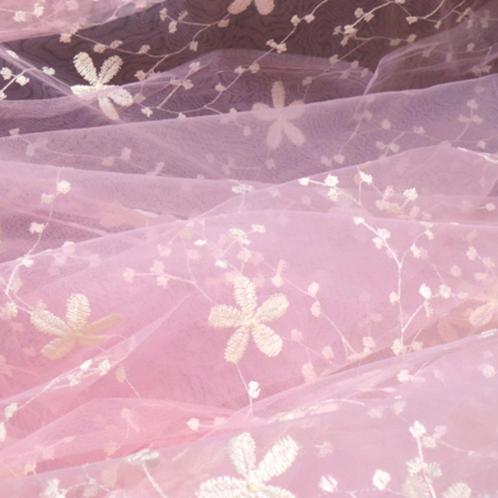 Promo! 5982) 270x100cm tule kant broderie bloem roze, Hobby en Vrije tijd, Stoffen en Lappen, Nieuw, Polyester, 120 cm of meer