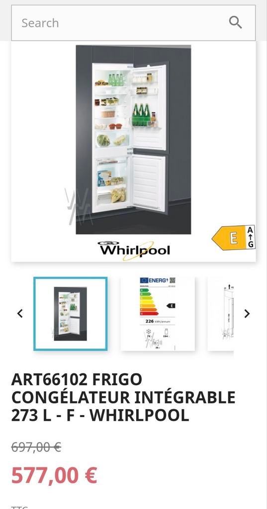 Combiné réfrigérateur et congélateur intégrable WHIRLPOOL, Neuf, 160 cm ou plus, Enlèvement, 200 litres ou plus