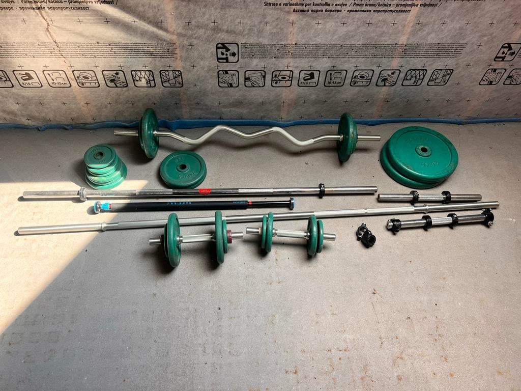 Halters stangen EZbar gewichten schijven in zeer goede staat, Ophalen, Zo goed als nieuw