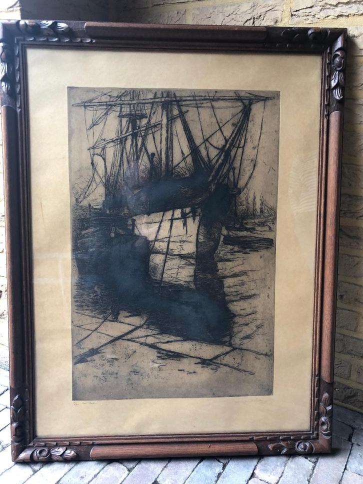 Schets boot op hout, Antiek en Kunst, Kunst | Etsen en Gravures, Ophalen