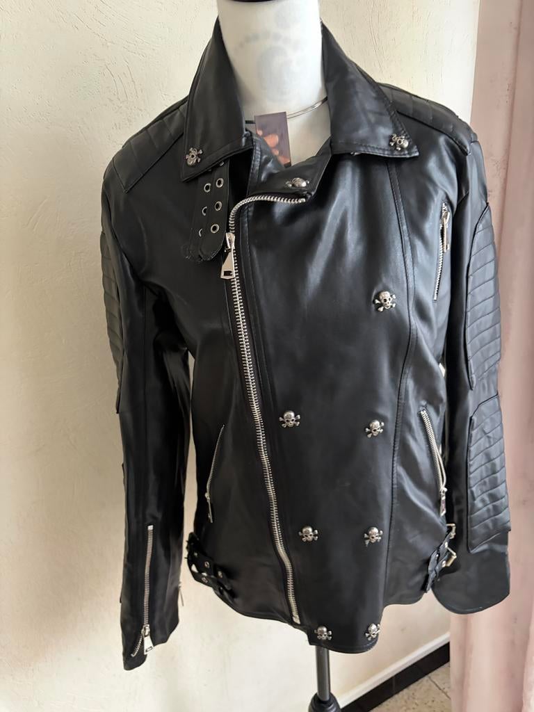 Zwart bikerjack — Schedeldetails — AOWO7S m/f, Motoren, Kleding | Motorkleding, Ophalen of Verzenden