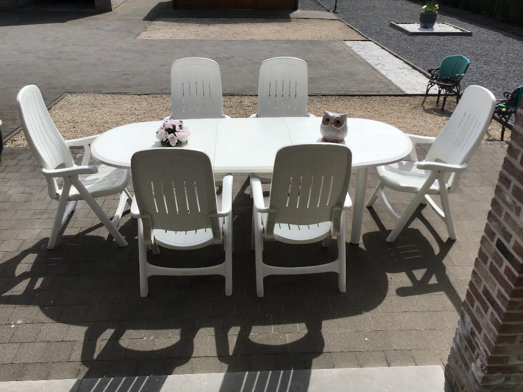 Tuintafel met zes stoelen, Tuin en Terras, Tuintafels, Ophalen, Gebruikt, Ovaal, Kunststof