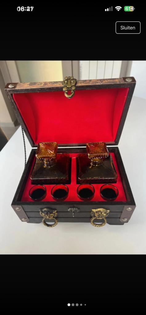 Vintage Schatkist Barset – Wereldkaart Deksel & Amber Glas, Ophalen of Verzenden