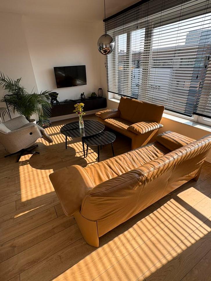 Jori design lederen zetels – cognac leder – 3 + 2 zit., Huis en Inrichting, Zetels | Complete zithoeken, Gebruikt, Leer, Ophalen