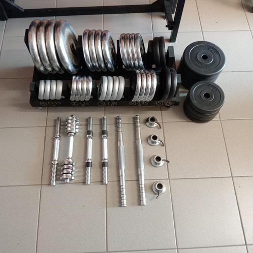 Halters+gewichtschijven, verstelbare bench+barbell, machine, Sport en Fitness, Fitnessmaterialen, Gebruikt, Armen, Benen, Borst
