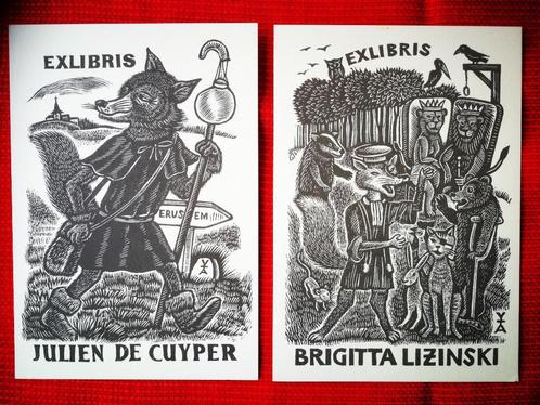 2 postkaarten met gravures / ex-libris Reinaert de Vos, Collections, Photos & Gravures, Comme neuf, Gravure, Enlèvement ou Envoi