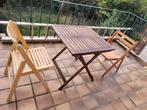 Table de jardin/terrasse carrée en teck + 2 chaises pliables, Comme neuf, Enlèvement