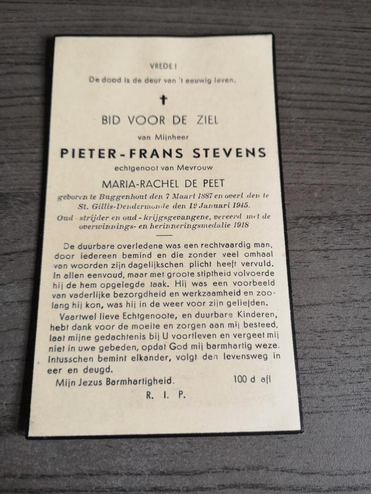Stevens De Peet Oudstrijder Krijgsgevangene 1914-1918, Verzamelen, Bidprentjes en Rouwkaarten, Ophalen of Verzenden
