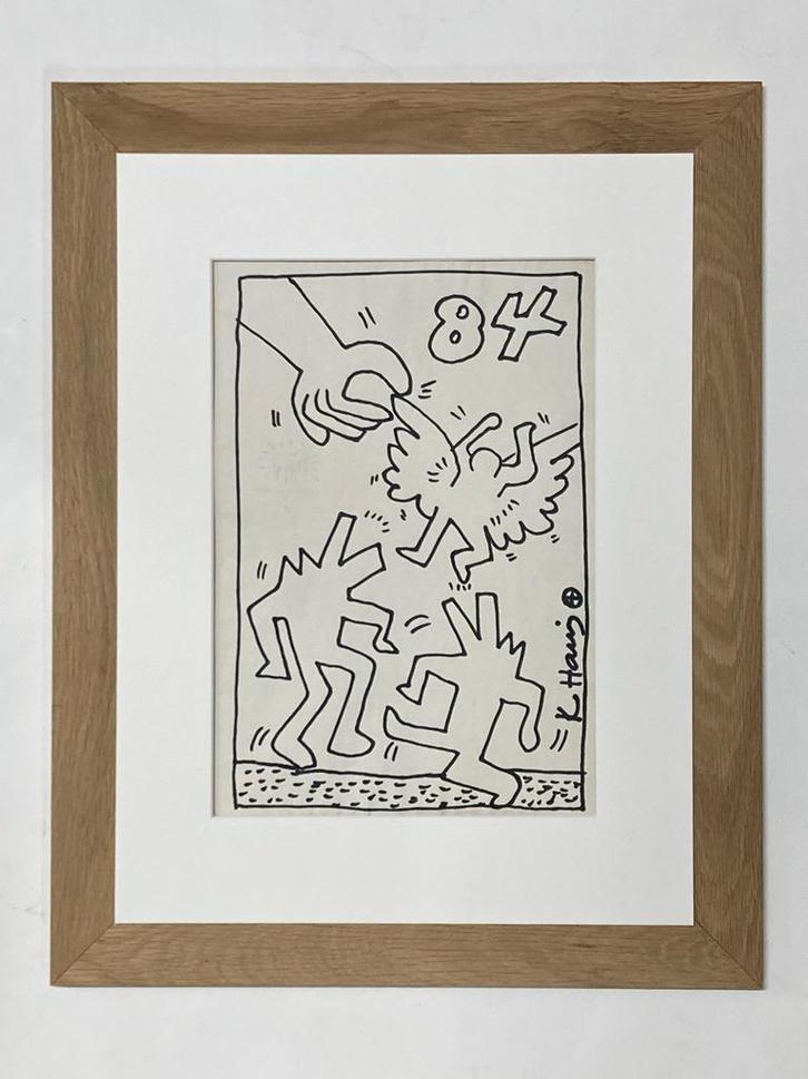 Keith Haring, tekening. Verkocht met Premium-frame, Antiek en Kunst, Kunst | Designobjecten, Ophalen of Verzenden