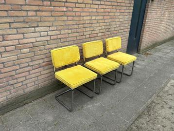 3 Gele Ribstof Stoelen met Chome Buisframe, Huis en Inrichting, Stoelen, Ophalen, Gebruikt, Metaal, Drie