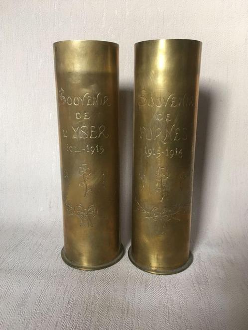 wo1 - Belgische 75mm hulzen 1907 & 1912 EX - Trench art LEEG, Collections, Objets militaires | Général, Armée de terre, Enlèvement ou Envoi