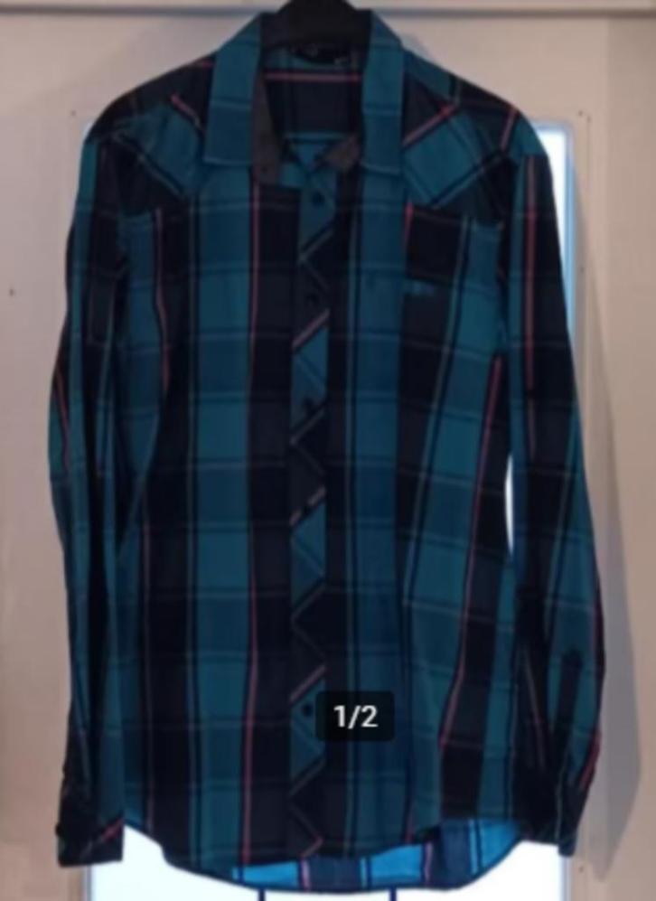 Chemise bleu/rose/gris à carreaux ' Coolcat ' XL, Kleding | Heren, Overhemden, Gedragen, Halswijdte 43/44 (XL), Blauw, Ophalen of Verzenden