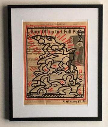 Keith Haring: tekening op krantenpapier. Ingelijst verkocht beschikbaar voor biedingen
