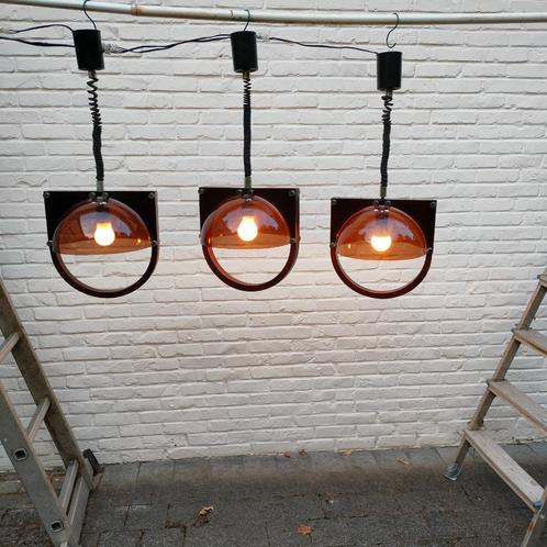 Uittrekbare hanglampen. 3x. Retro. Bruin plexiglas & hout., Huis en Inrichting, Lampen | Hanglampen, Gebruikt, 75 cm of meer, Glas