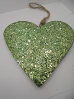 HOUTEN HART MET GLAS GLITTERS 20 CM IN GROEN NIEUW, Ophalen of Verzenden