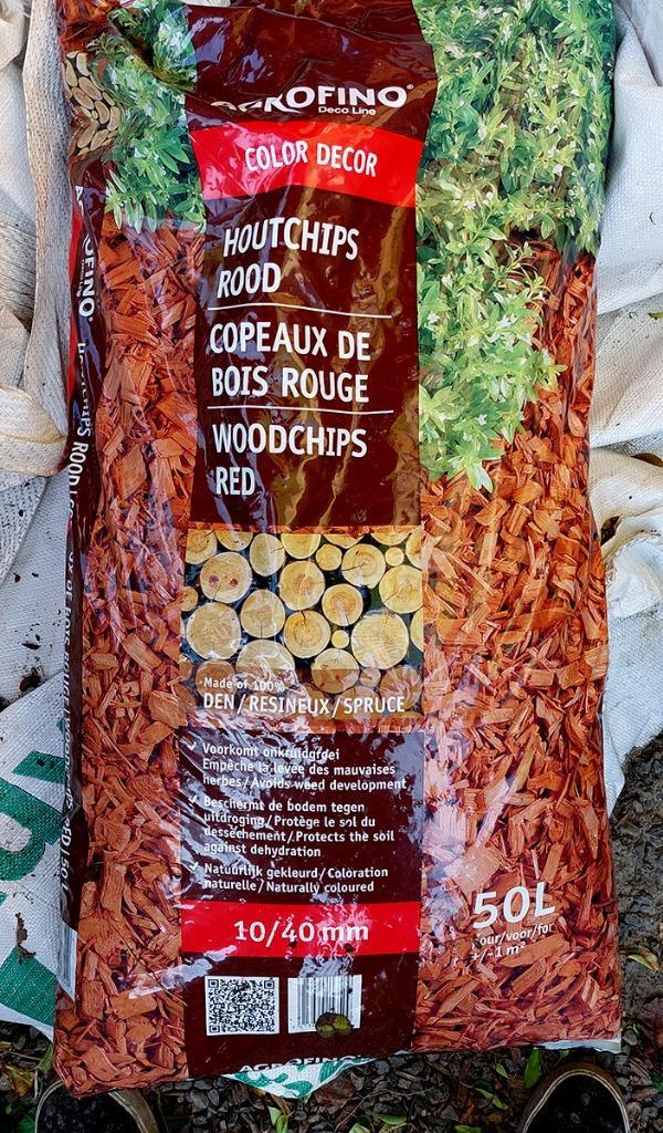 Agrofino Color Decor houtchips 10-40 mm, 50L rood, Jardin & Terrasse, Gravier, Rochers & Caillasse, Neuf, Autres types, Rouge
