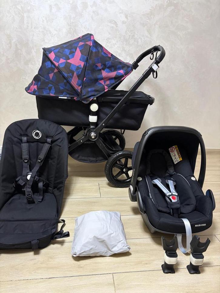 Bugaboo Cameileon 3+Black / birds 3-in-1 kinderwagen Set, Kinderen en Baby's, Buggy's, Zo goed als nieuw, Regenhoes, Ophalen