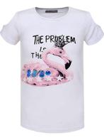 T-shirt flamingo open schouders wit 152, Kinderen en Baby's, Kinderkleding | Maat 152, Ophalen of Verzenden, Nieuw, Meisje, Shirt of Longsleeve