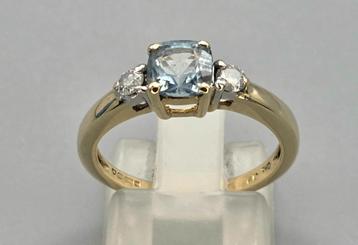 Gouden Vintage ring met aquamarijn en diamant. 2025/673. beschikbaar voor biedingen