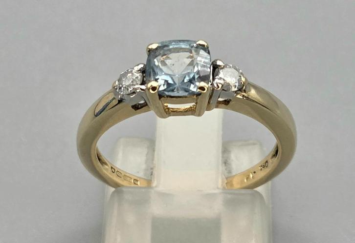 Gouden Vintage ring met aquamarijn en diamant. 2025/673., Handtassen en Accessoires, Antieke sieraden, Ring, Goud, Met edelsteen