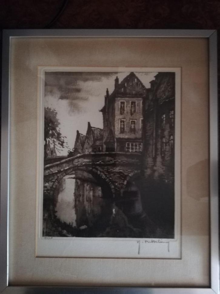 * R. Hebbelinck: ets: Brugse reien, Antiek en Kunst, Kunst | Etsen en Gravures, Ophalen of Verzenden