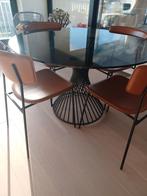 Calligaris ronde tafel van gehard glas en 4 stoelen, Huis en Inrichting, Tafels | Eettafels, Ophalen, Rond, Vijf personen of meer
