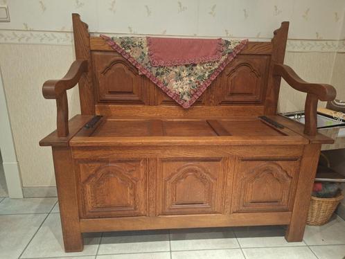 Massieve eikenhouten klepbank met opbergruimte - Landelijke, Antiek en Kunst, Antiek | Meubels | Stoelen en Sofa's, Ophalen