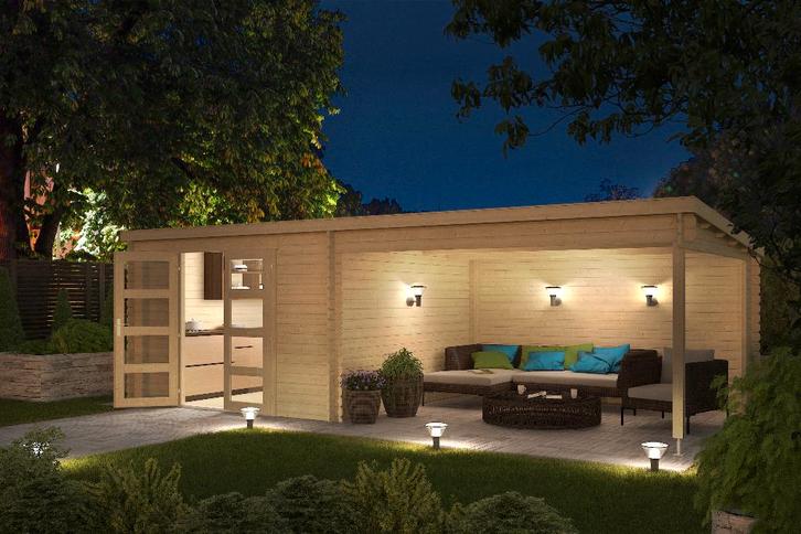 Blokhut met overkapping Olenka 710x330 Onbehandeld vuren, Hobby en Vrije tijd, Overige Hobby en Vrije tijd, Nieuw, Verzenden